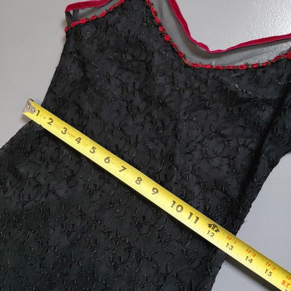 VTG Betsey Johnson Slip Dress Black Lace Rose Ditsy Neckline Velvet Trim Large - Picture 11 of 16